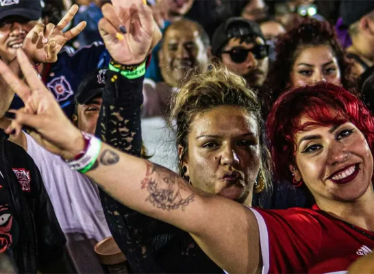crowd of soccer fans cheering on their team