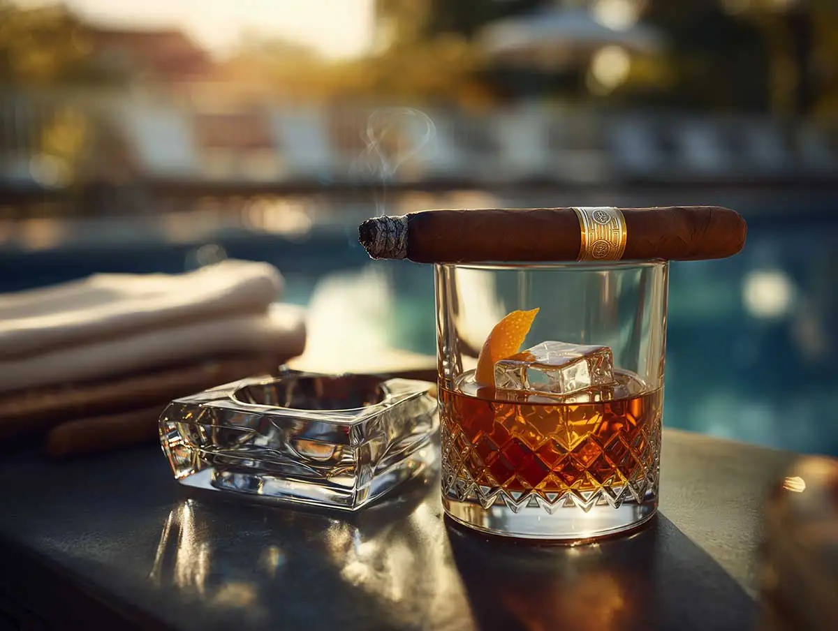 cigar on top of an old-fashioned cocktail by the pool